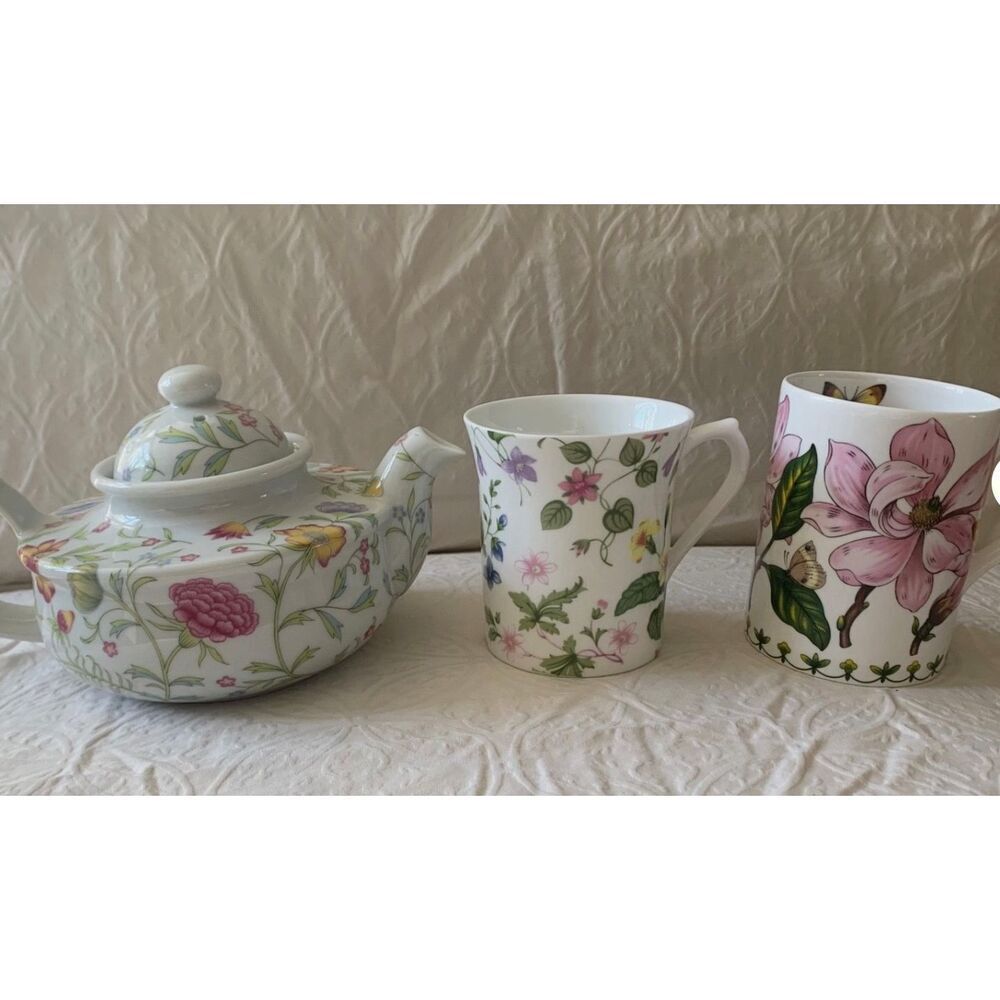 NEW TOSCANY QUEENS Bone China England Country Meadow Botanic Tea Cup Pot SET 3PC